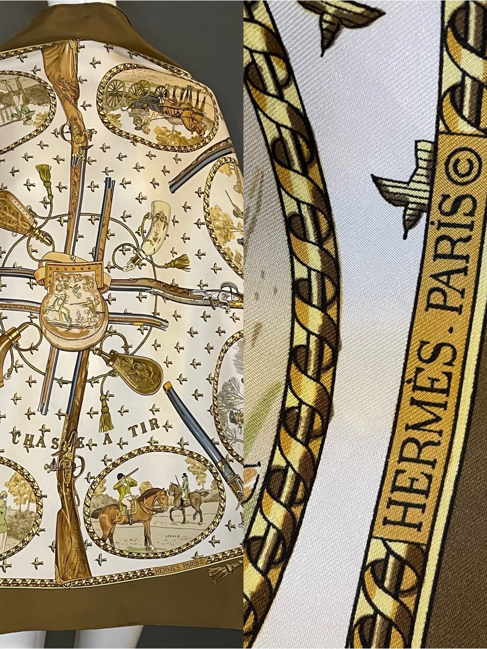 Hermes Silk Scarf 90 35  La Chasse a Tir Desgned by Ledoux Excellent Condition